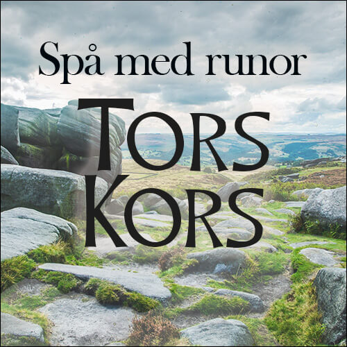 Bild med stenar i bakgrunden och texten "Spå med runor - Tors kors"